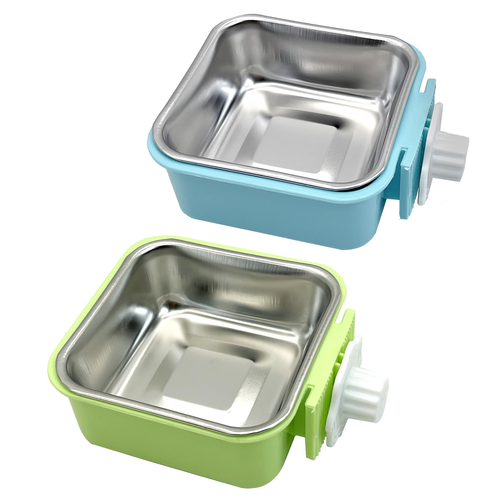 kathson Crate Dog Bowl, Removable Stainless Steel Hanging Pet Kennel Cage Bowl Food & Water Feeder Coop Cup for Puppy, Cat, Rabbit, Guinea Pigs 2pcs Small Square(Blue, Green)