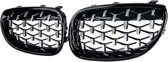 Pair Front Bumper Kidney Grille for 2003-2010 BMW E60 E61 5-Series M5 Sedan (Glossy Black Chrome, Diamond)