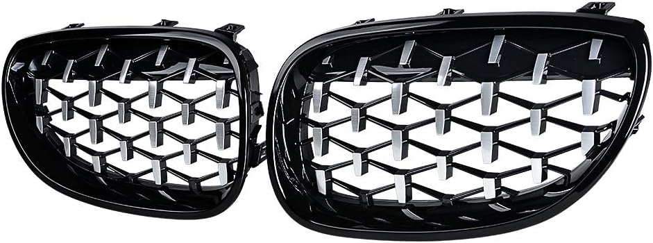Pair Front Bumper Kidney Grille for 2003-2010 BMW E60 E61 5-Series M5 Sedan (Glossy Black Chrome, Diamond)