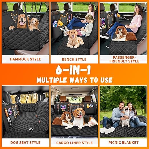 Image of Dog Car Seat Covers, 600D Heavy Duty 100% Waterproof, Nonslip, Zipper Design seat Protector, Mesh Window, Perfect Dog Hammock for Car Backseat, SUVs, Sedans & Truck (Black, Flat Bone Mesh)