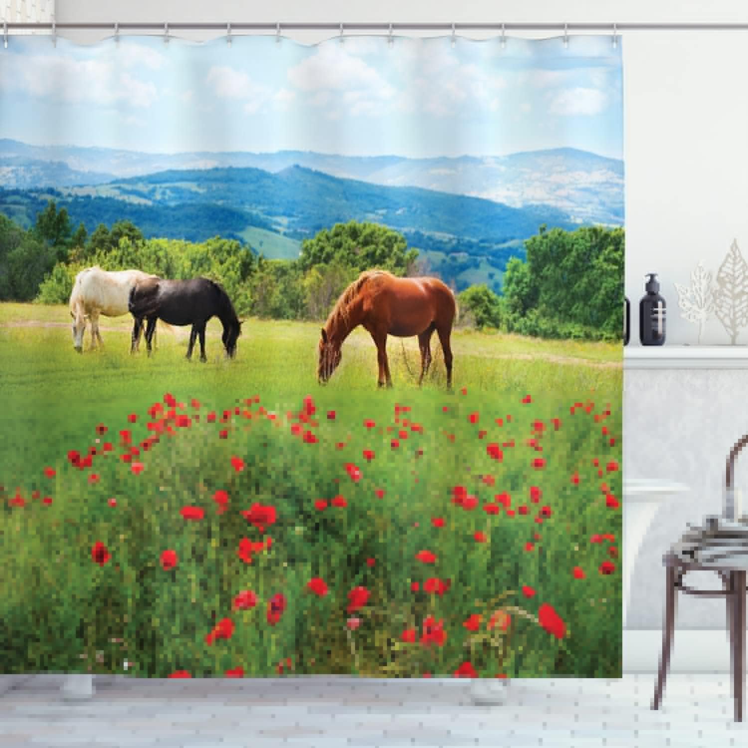 Ambesonne Horses Shower Curtain, Various Kinds of Horses Eating Grass in Field Mountain Landscape Rural Scene Print, Cloth Fabric Bathroom Decor Set with Hooks, 69" W x 70" L, Fern Green Soft Blue