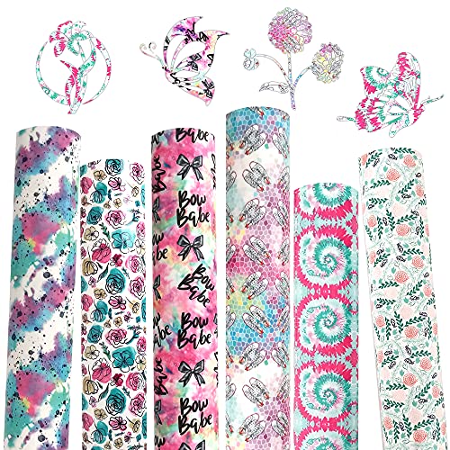 NICEVINYL Floral Tie Dye Heat Transfer Vinyl Bundle 12  x 10  Sheets 6 pcs Pink Green Colors Bows Flowers Pattern Watercolor Rainbow HTV Iron on Vinyl Heat Press for DIY T-Shirts Supplies