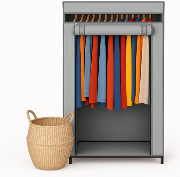HOLDN STORAGE Portable Wardrobe Closet - 50 lb Capacity, Internal Heavy Duty Metal Rod, Zipper & Clear Window, Durable Clothes Organizer, Tool-Free Easy Assembly, Dark Gray Canvas Cover