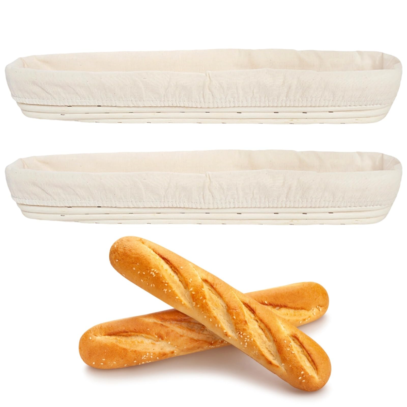 2-pak rattanowych koszy do chleba na zakwasie, owalne z wkładkami, długa fermentacja ciasta, idealne do pieczenia francuskich bagietek, rozmiar 40 x 9 x 5 cm