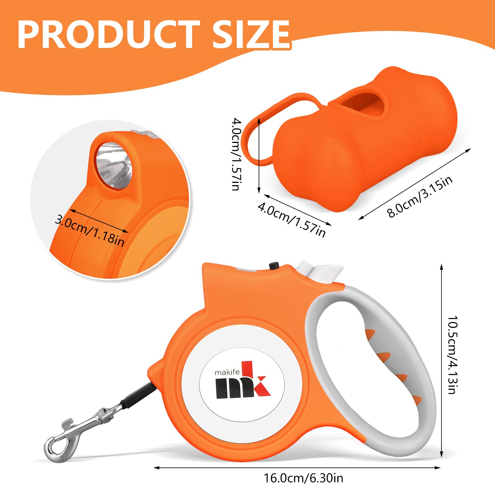 Guinzaglio retrattile per cani di piccola taglia fino a 25 kg, guinzaglio resistente da 5 m, con luce a LED e 15 sacchetti per escrementi per cani con dispenser, arancione