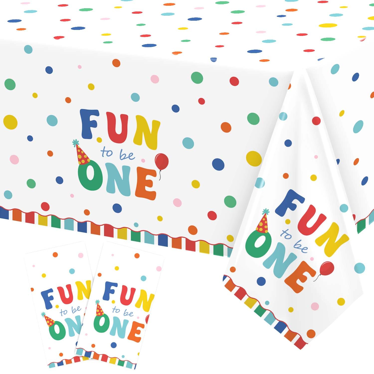 Heboland 2 Pack Colorful First Birthday Table Cloth, 137 X 274cm 1st Birthday Decorations for Boys Girl Tablecloth Colorful Polka Dot Table Cover Fun to be One Decor Cake Smash Party Supplies