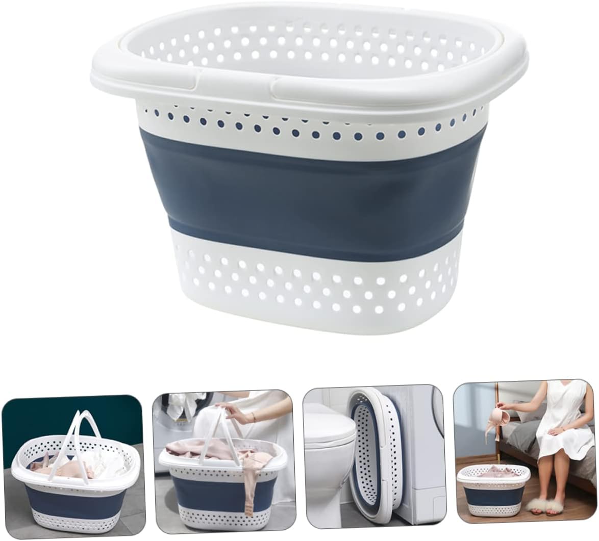 Healifty Foldable Laundry Basket with Handle Space Saving Collapsible Clothes Hamper for Bedroom and Bathroom Storage Lightweight Multi Purpose Container in Nordic Blue and White Small for