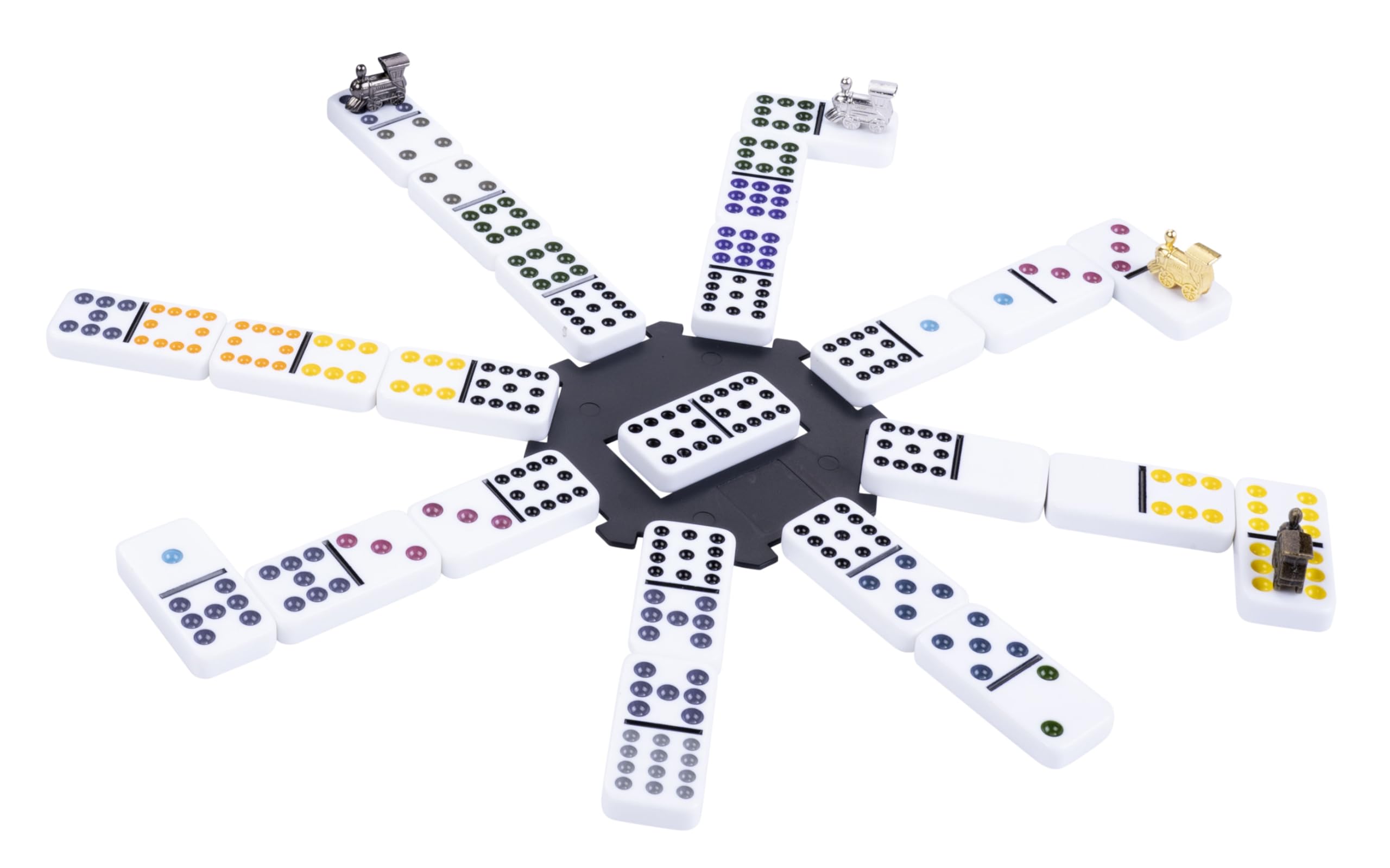 Engelhart – 250161 – Mexican Train – metalowa walizka – 91 domino – plastikowa stacja – 8 metalowych pociągów – 2–8 osób – 6+
