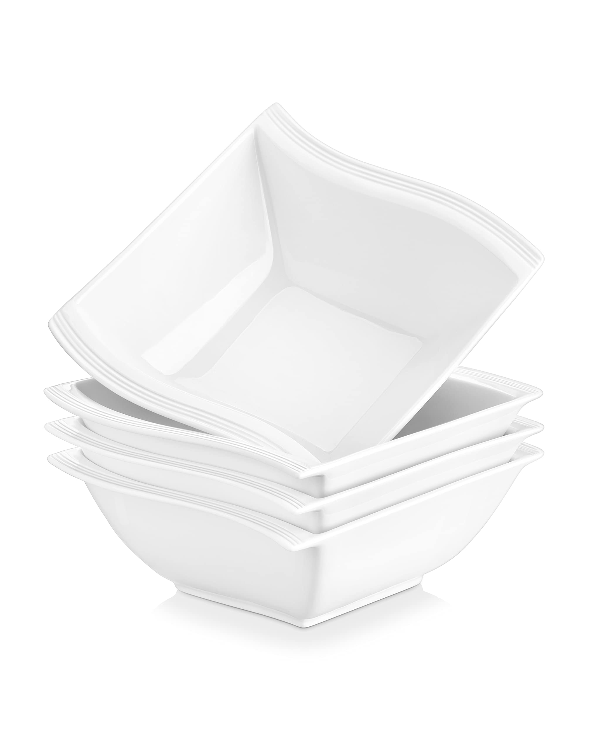 MALACASA Soup Bowls, Cereal Bowls, 30oz Bowls for Kitchen, Ceramic White Bowl Set for Cooking, Square Serving Bowls for Salad Rice Pasta Oatmeal Dessert, Anti-chip, Dishwasher Safe, Series Flora