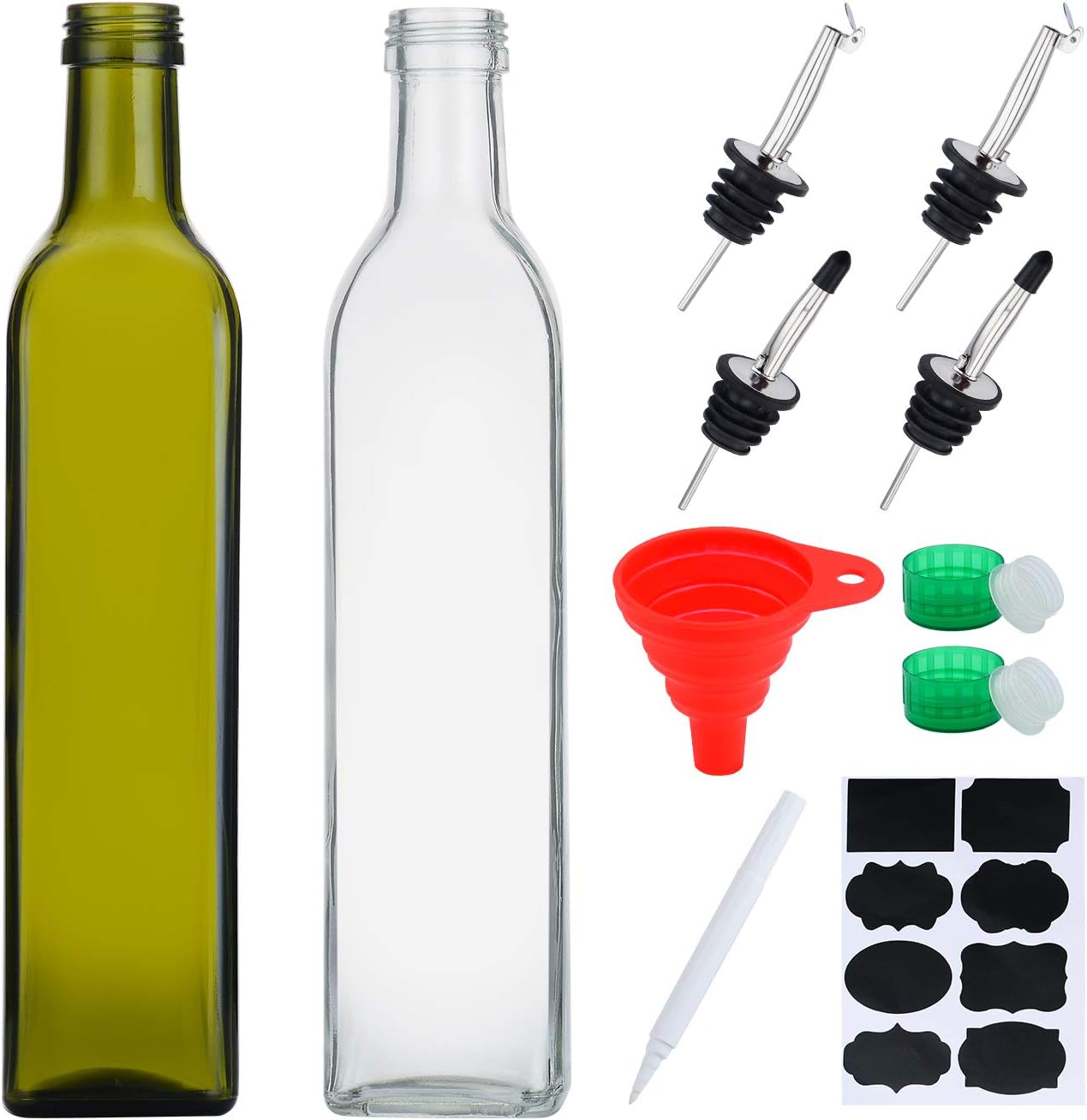 17oz Glass Olive Oil Bottle and Vinegar Cruet Sets, 500ml Oil Dispenser & Vinegar Cruet with Pourers Spout and Funnel for Kitchen