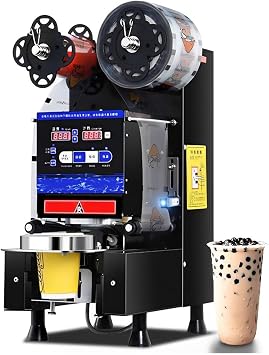Commercial Fully Automatic Bubble Tea Cup Sealing Machine,600-800 Cups/H Digital Control LCD Panel Cup Sealer,for Milk Tea Coffee, Manual Automatic Dual Mode,Black