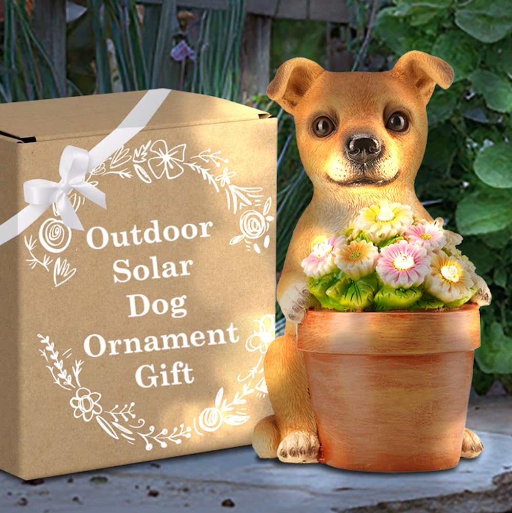 Muldale Solar Dog Garden Ornaments - Digby the Dog - Hand Painted Bright Solar Lights for Garden Outdoor Decor Illuminating Floral Pot