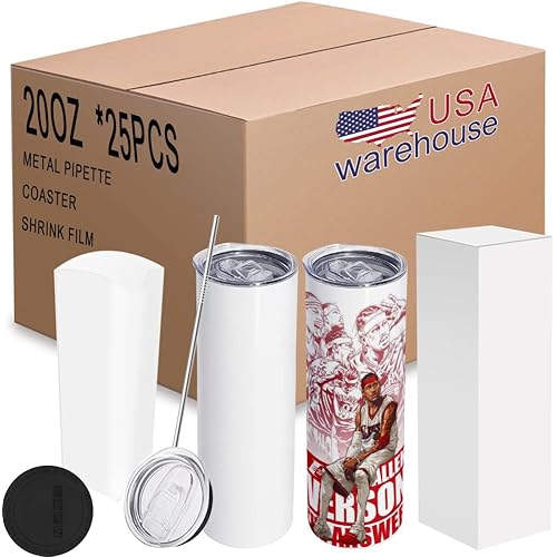 25Pack 20 oz Sublimation Blank Tumblers Bulk Straight, Stainless Steel Double Wall Insulated Cups with Lid and metal straw,Coaster,Shrink film, Individually Box, Heat Transfer