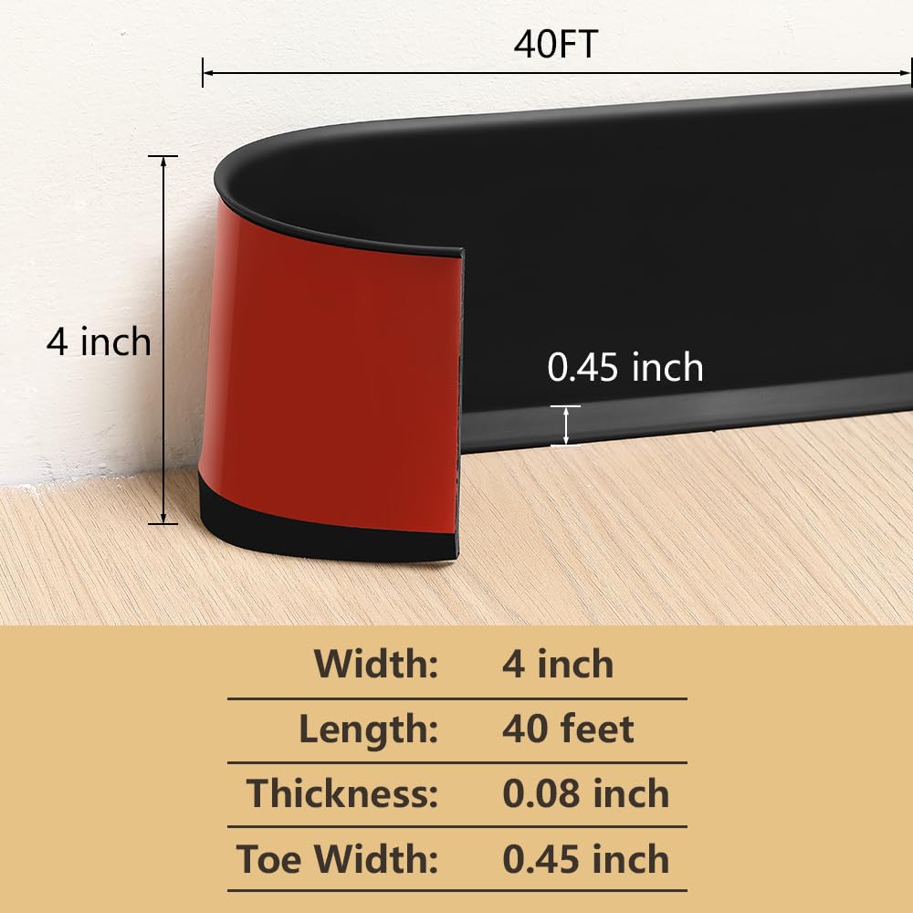 Modanatura flessibile per battiscopa, design autoadesivo in vinile, base da parete in gomma, 10,2 cm (larghezza) x 12,2 m (L), nero