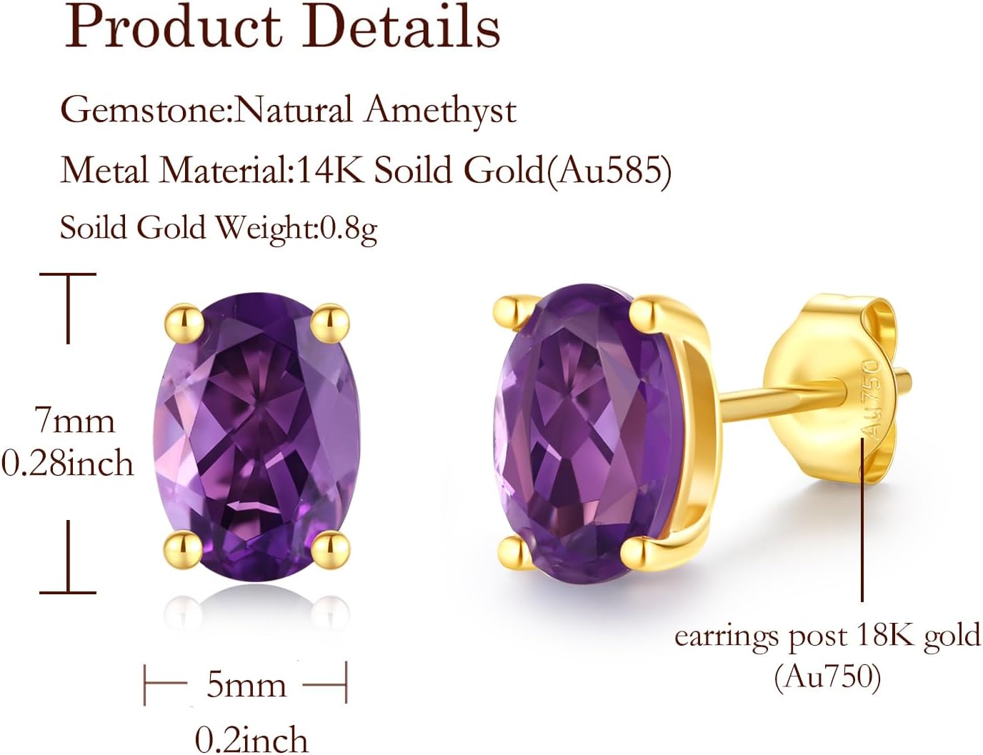 FANCIME 14k Solid Yellow Gold Oval Stud Earrings Prong Cluster Stud Earrings Natural/Created Gemstone Jewelry Gifts for Her Mom Women Wife,Gemstone Size 5 * 7mm - Image 2