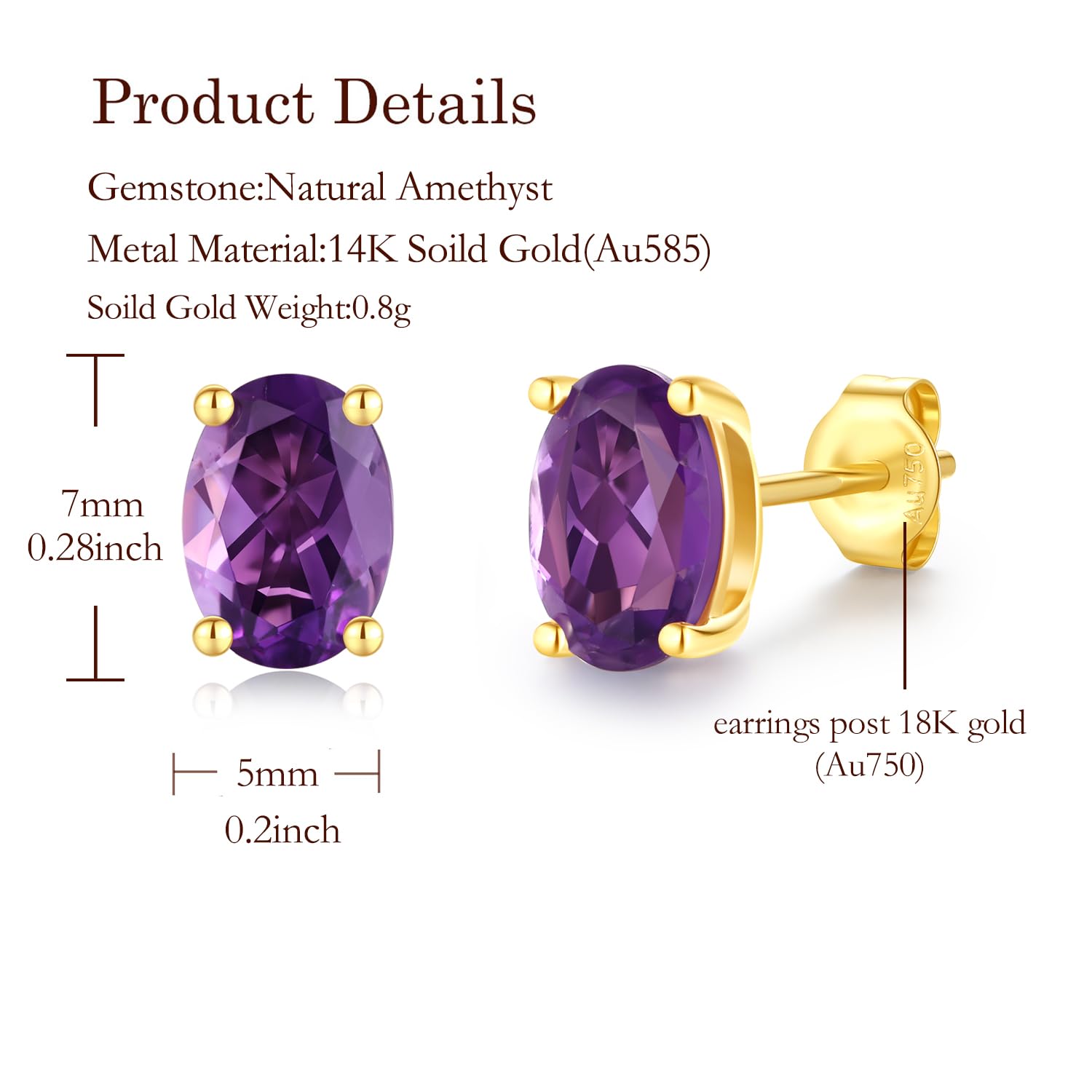 FANCIME Solide 14 Karat 585 Gelb Gold Oval Ohrringe Ohrstecker mit Echt Natürlich/Synthetische Edelstein Geschenk Schmuck für Damen Mädchen Mama, Größe: 5 * 7 mm