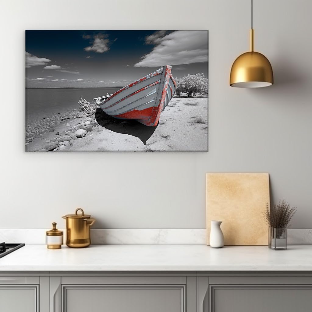 Canvas for Living room. Beached Serenity: A Red and White Vessel Against a Cloudy Sky Canvas, 27 x 18 inch Canvas Wall Art - Modern Home Decor