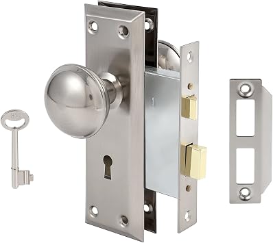 Mortise Lock Set for Interior Door, Vintage Antique Door Knobs with Lock and Skeleton Key, Old Door Knob Replacement Fits 1-3/8 in 1-3/4 in, Brushed Satin Nickel Finish