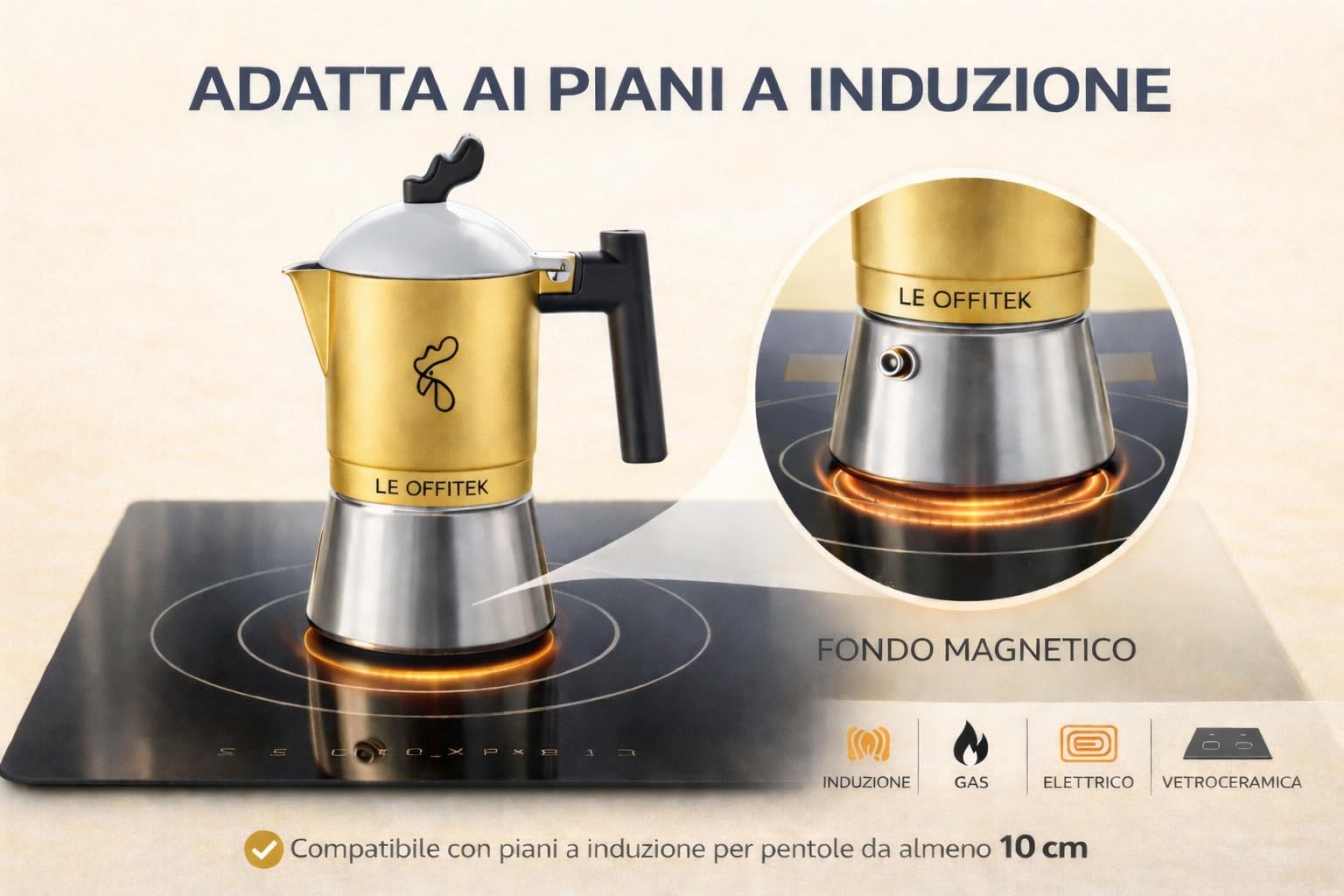 Orziera ORZÈTEK Induzione 4 Tazze Le Offitek, Specifica per Orzo, con Filtro Microforato in Acciaio Stirato e Valvola Anticalcare, Caldaia Bimetallica Acciaio-Alluminio, per Tutti i Piani Cottura