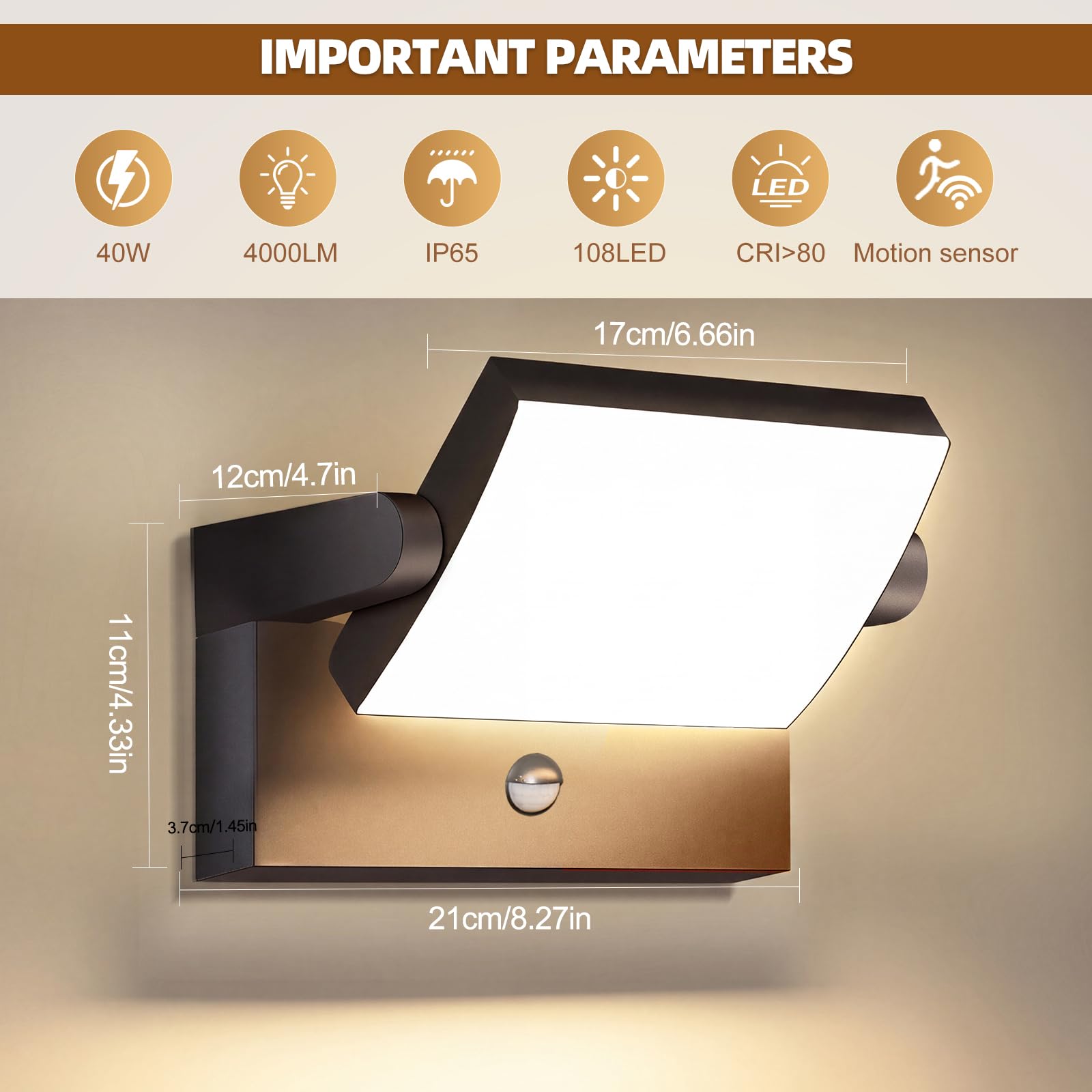 40W Aplique de Pared Exterior con Sensor de Movimiento,4000LM 3000K Blanco Cálido, Negra Aplique Pared Interior Rotación 350°,Impermeable IP65