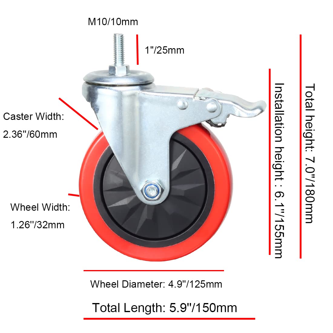 VEVOR 4 Pack 5 Scaffold Casters, Swivel Casters Wheels Set, Heavy Duty 3200LBS Per Set- Locking Stem Casters with Brake, Red VEVOR 4 Pack 5 Scaffold Casters, Swivel Casters Wheels Set, Heavy Duty 3200LBS Per Set- Locking Stem Casters with Brake, Red