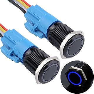 DMWD 2PCS 16MM Latching Push Button Switch 12V-24V LED Indicator 1NO 1NC Waterproof ON/Off Black Metal Shell Self-Locking with Pre-Wired Socket for 5/8" Mounting Hole Blue Light