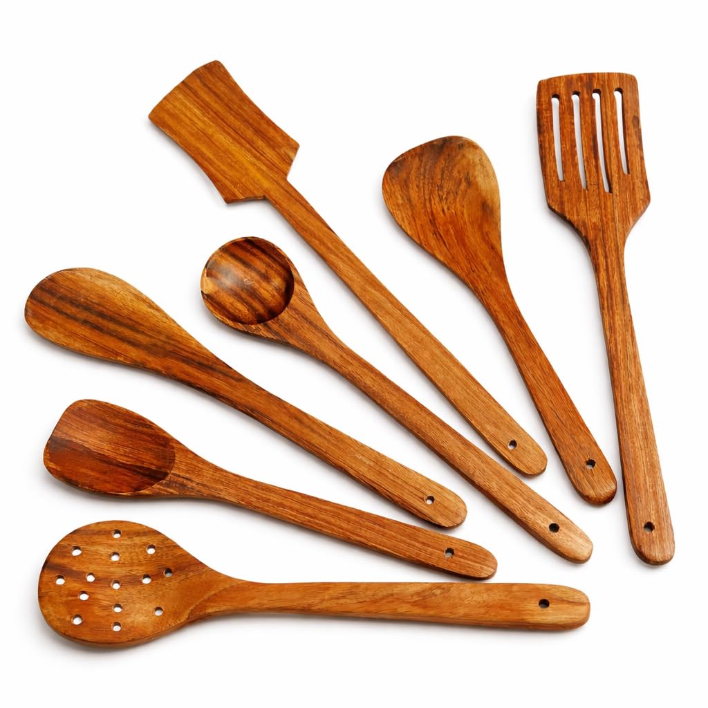 Twizzle Natural Wooden Cooking Utensils Set – 7-Piece Wooden Spoons & Spatula Set (35.56 cm), Smooth Solid Wood, Non-Scratch & Non-Stick Safe Kitchen Cookware Tools