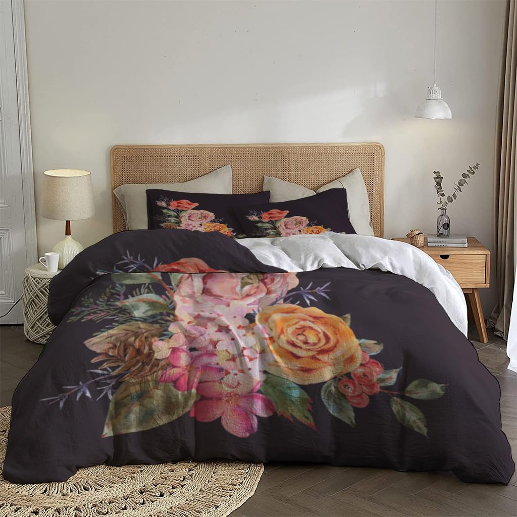 NIBAINLO 布団カバー水彩画 ヴィンテージ 咲くバラ 肌に優しい ピーチスキン加工 掛け布団カバー 和式 洋式 あったか 布団カバーセット リバーシブル ホームステイ ホテル 家庭兼用