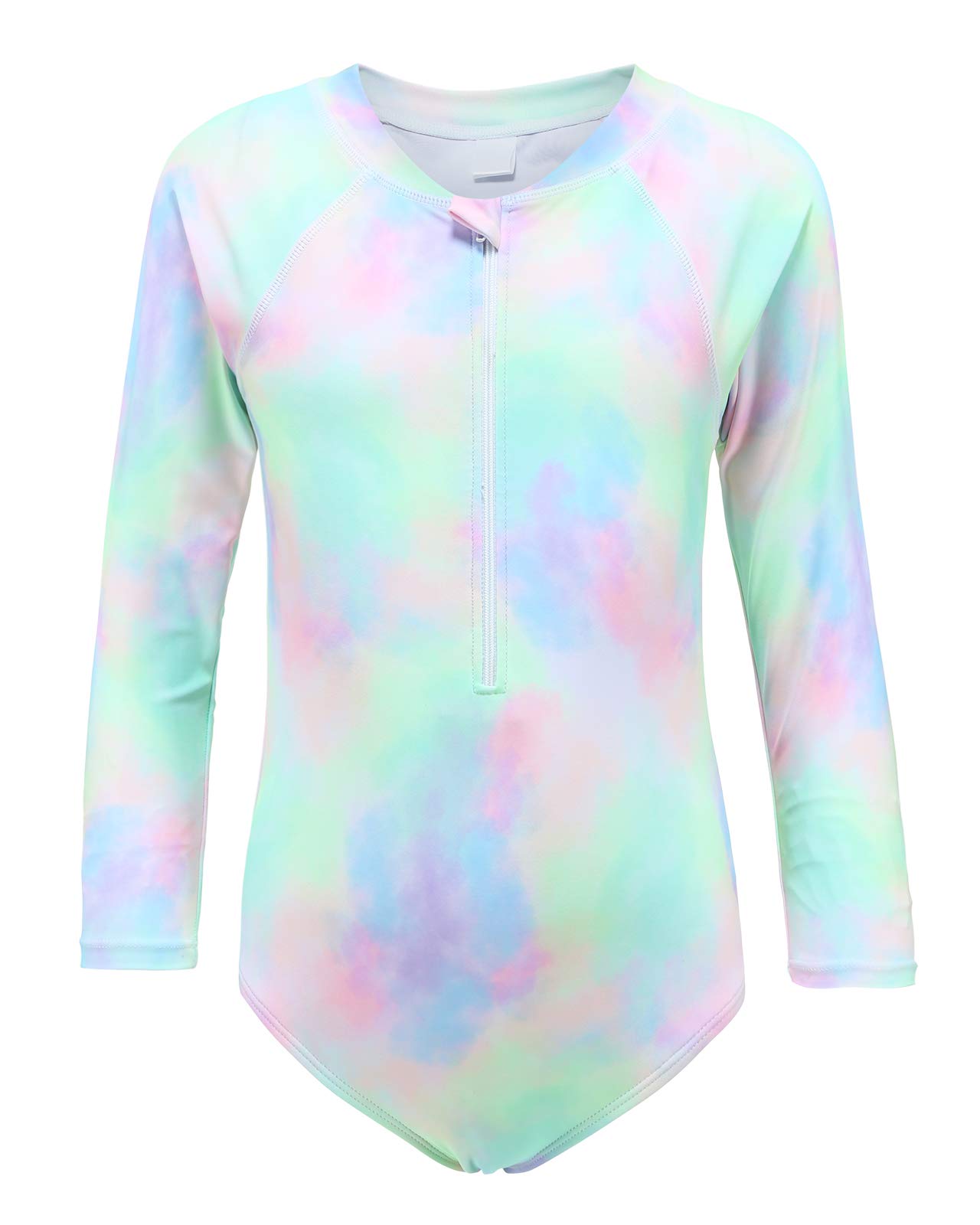 Girls Long Sleeve Rash Guard One Piece Swimsuit Kids UPF 50+ Sun Protection Swimwear Rainbow Striped Bathing Suit 3-14 Years