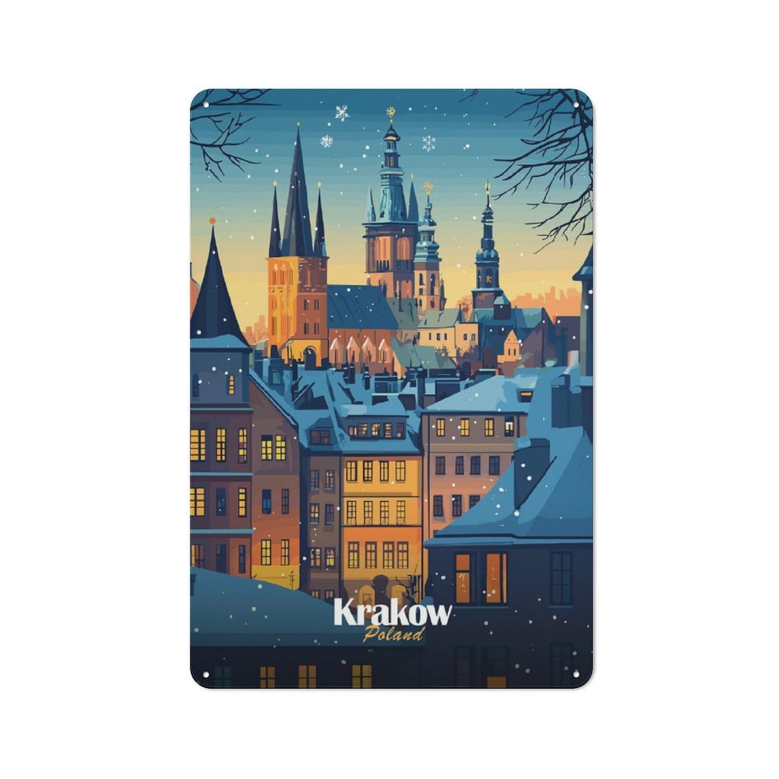 Junmoney Style-16 Snowy Krakow Cityscape Vintage Tin Sign 30X20cm For Café Or Restaurant, For Café Owners And Decorators, For Retro Home Interiors