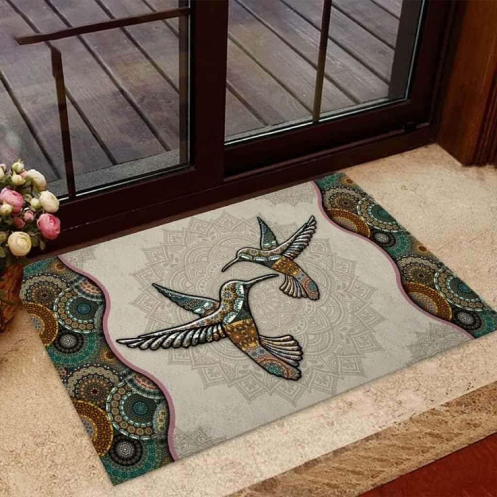 Paillasson extérieur entrée mandala colibri tapis brosse grattant et antidérapant