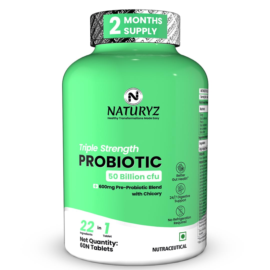 NATURYZ Triple Strength Probiotic 50 Billion CFU with Highest Pre-Probiotic 600 Mg | Chicory Root | 22 Nutrients for Gut Health | 24/7 Digestion | Supports in Occasional Constipation, Diarrhea, Gas & Bloating for Women & Men | No Refrigeration required - 60 Tablets-image-49
