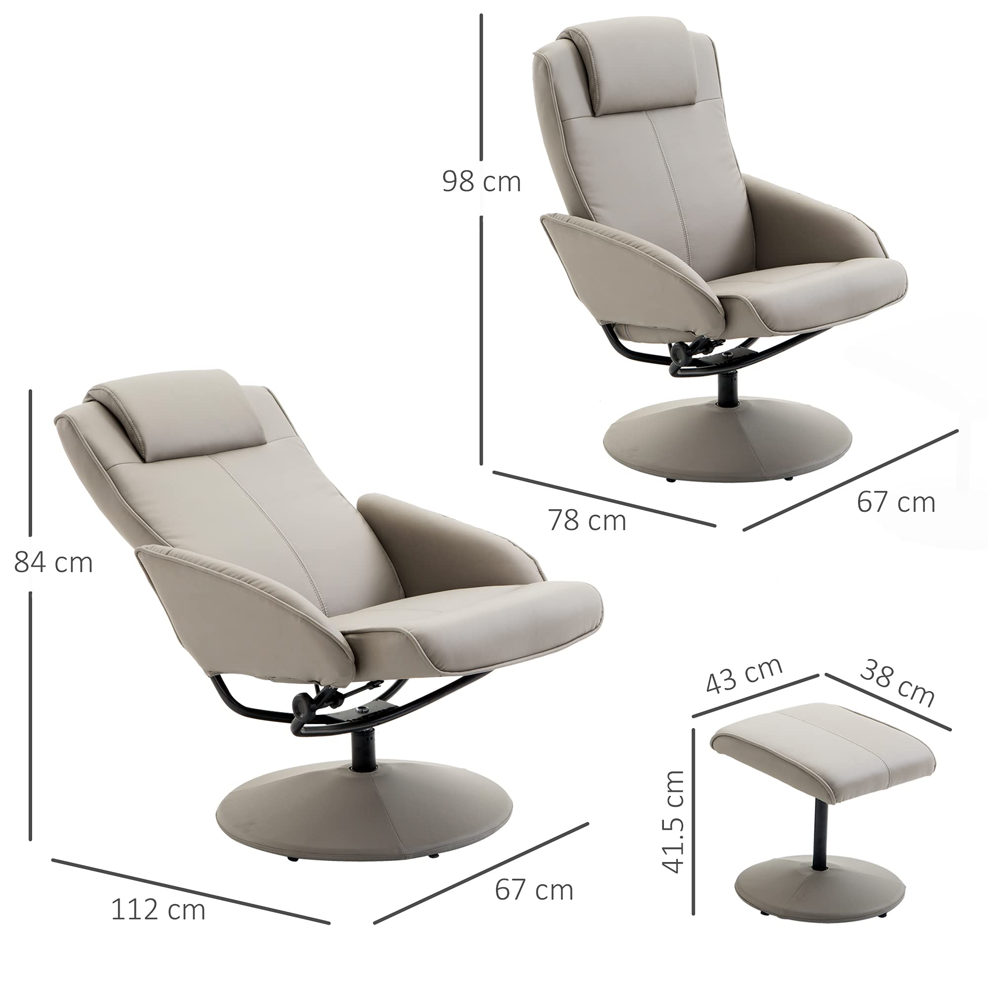 HOMCOM Poltrona Relax Reclinabile con Pouf Poggiapiedi Abbinato e Rivestimento in Finta pelle, 71x78x101cm, Grigia
