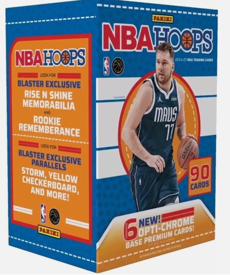 2024-25 Panini NBA Hoops Basketball Factory Sealed Blaster Box. 6 Packs of 15 Cards. Unwrap 6 Opti-Chrome Base Premium Cards. Look for Blaster Exclusive Rise N Shine and Rookie Remembrance Memorabilia, retail exclusive Parallels Storm, Yellow Checkerboard and More.