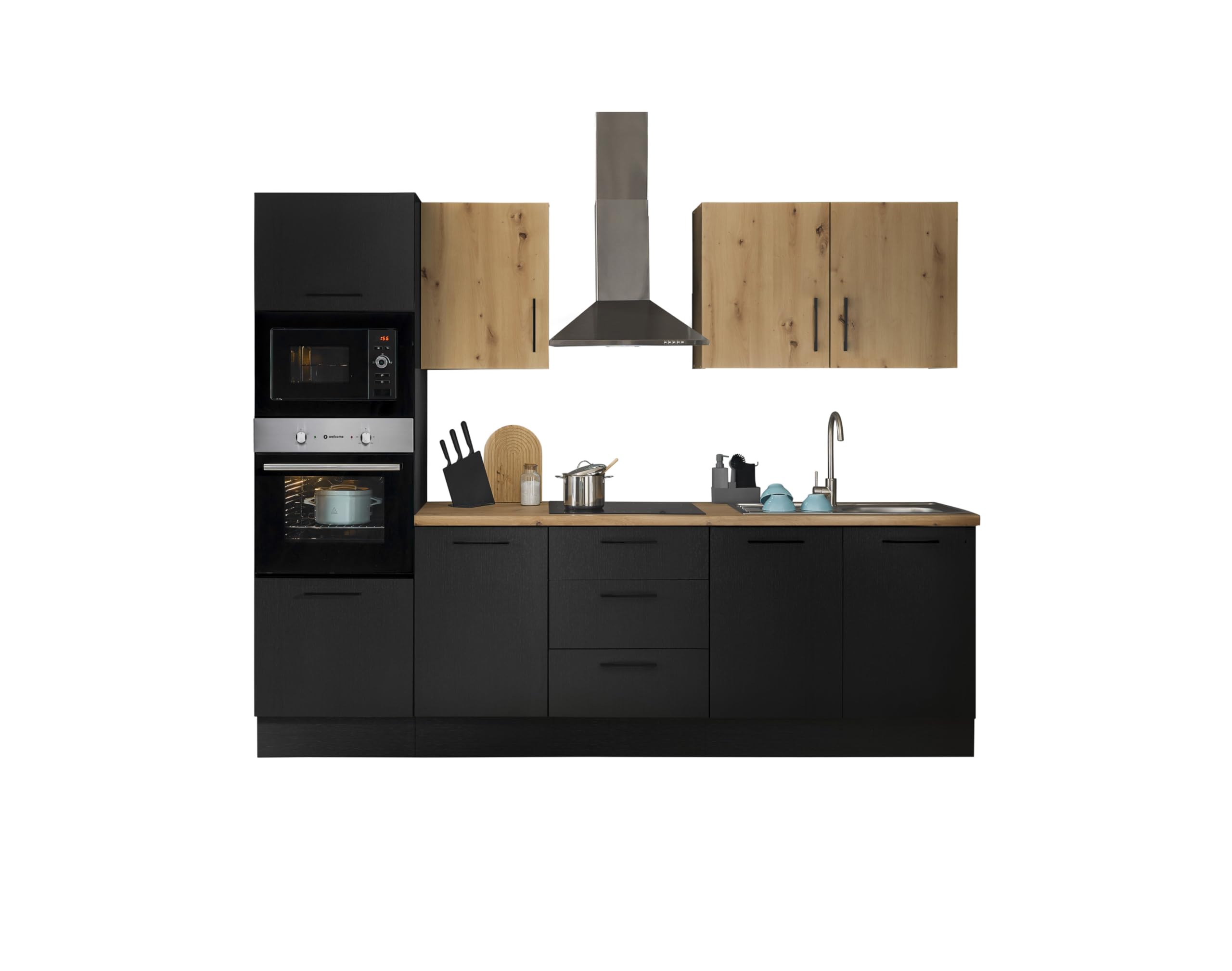 Stella Trading Turin ZBM Küchenzeile 270 x 211 x 60 cm, schwarz - Ohne Küchengeräte - Moderne, geräumige Küche in Artisan-Eiche Optik mit viel Stauraum