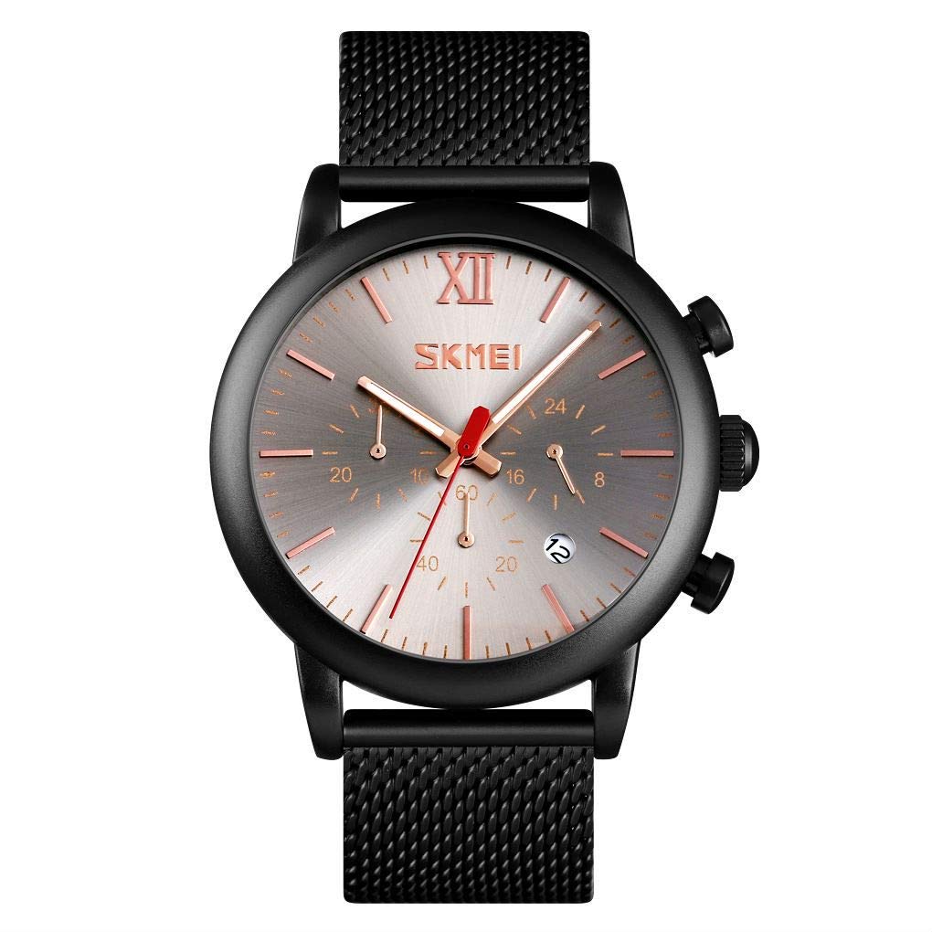 MASTOP Reloj de pulsera de cuarzo con correa de malla para hombre, de acero inoxidable, cronómetro, visualización de fecha, militar, resistente al agua