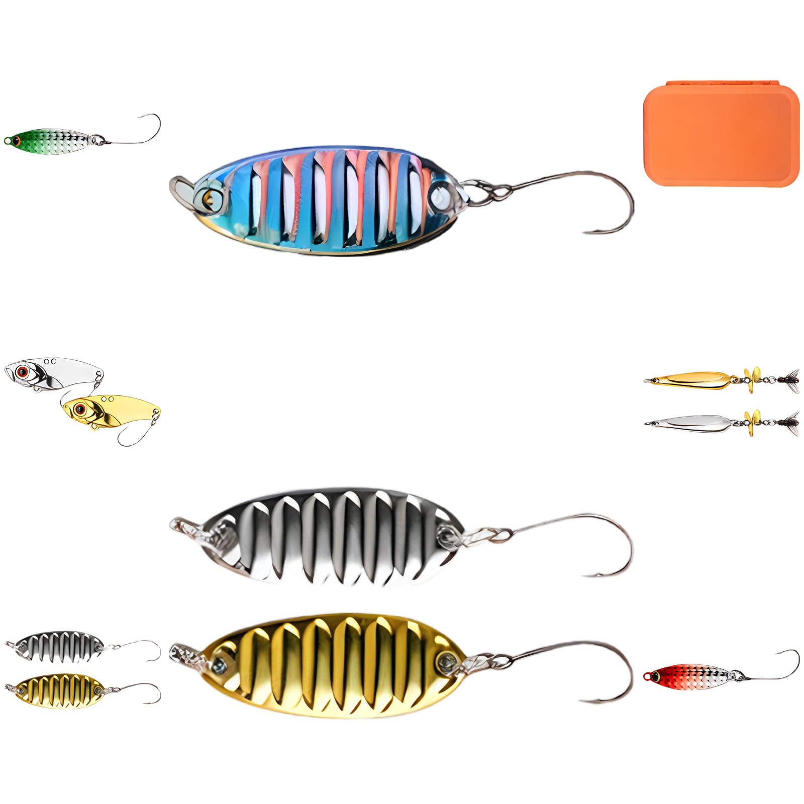 Generisch Set di esche da pesca, 59 pezzi, con scatola per esche a mosca, amo singolo, lustrini, vib, parti di lancio, perne, anelli, micro esche per tutti gli strati d'acqua, per pesce persico, trota