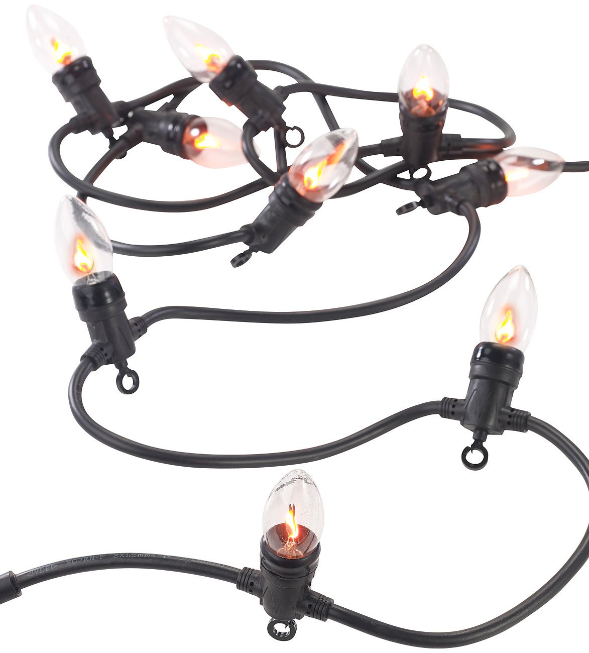 Lunartec Lagerfeuer Lichterkette: 2er-Set Deko-Lichterketten, 10 Glühbirnen in Flammen-Optik, IP44, 4,2m (LED Lichterkette Flammeneffekt, Flammeneffekt außen, Band)