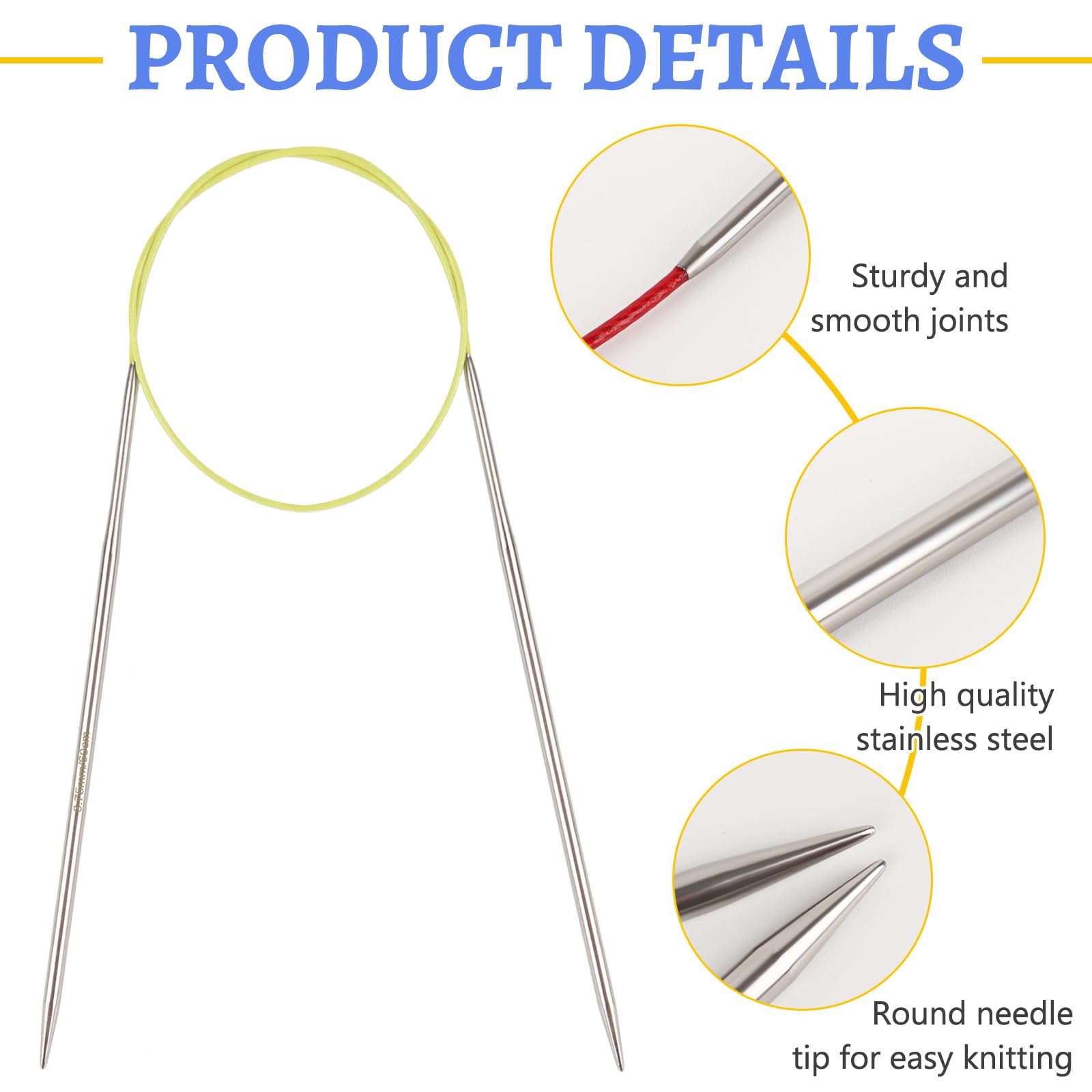 Reessy 3.75 mm Circular Knitting Needles 60 cm Long, Stainless Steel Round Knitting Needle with Flexible Cable - Image 3