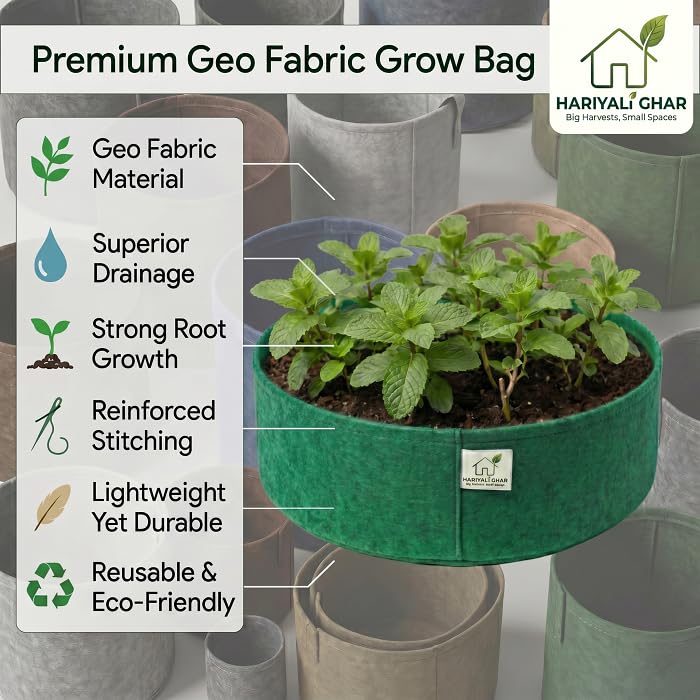Image of 400 GSM Geo Fabric Round Grow Bags 15x6 Inch, Green Planting Bags for Terrace and Kitchen Gardening Pack of 3