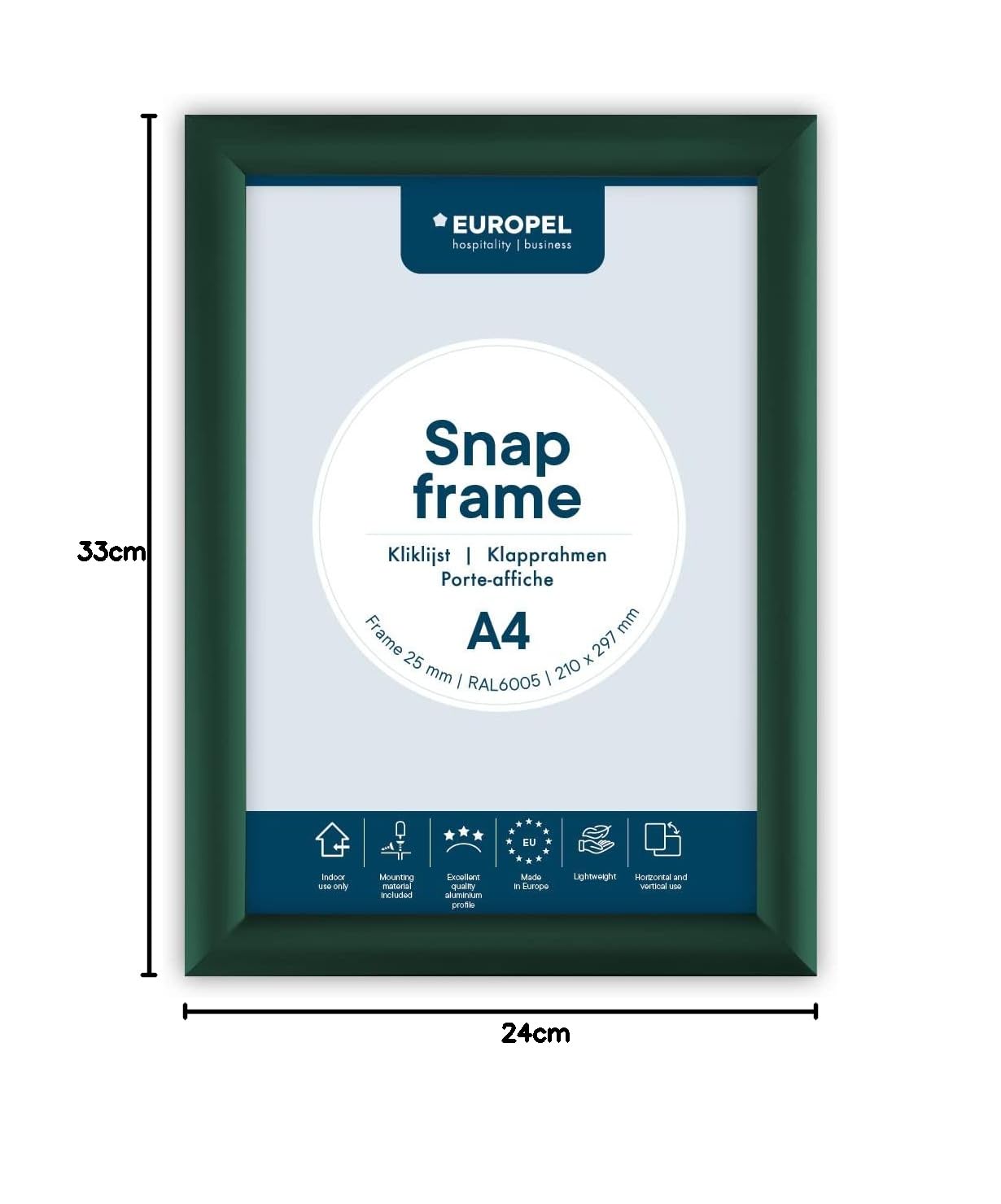 EUROPEL leichter Klapprahmen DIN A4, Farbe Grün, Easy-Click System, Profil 25x11 mm, eloxiertes Aluminium und blendfreie Schutzfolie, Außenmaß 241x328 mm, grau Polystyrol Rückseite