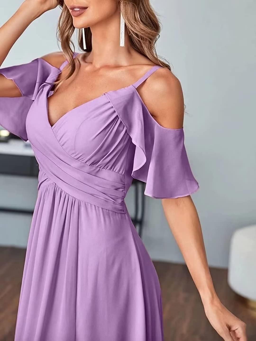 HUINI Chiffon Brautjungfernkleid Lang Kalte-Schulter Elegant Abendkleid A-Linie Ballkleid für Damen