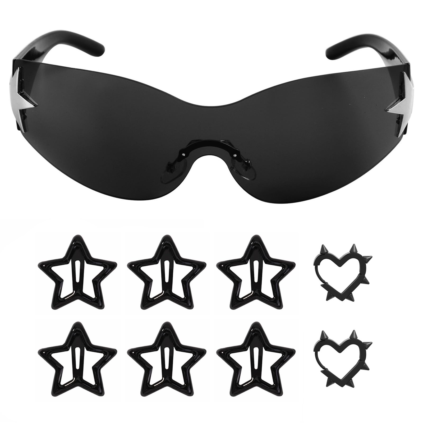 Tosmifairy Cool Fun 2000s Women's Y2K Stuff Rave Jewelry Accessories,Black Wrap Around Sunglasses Stars Hair Clips and Gothic Heart Earrings Set