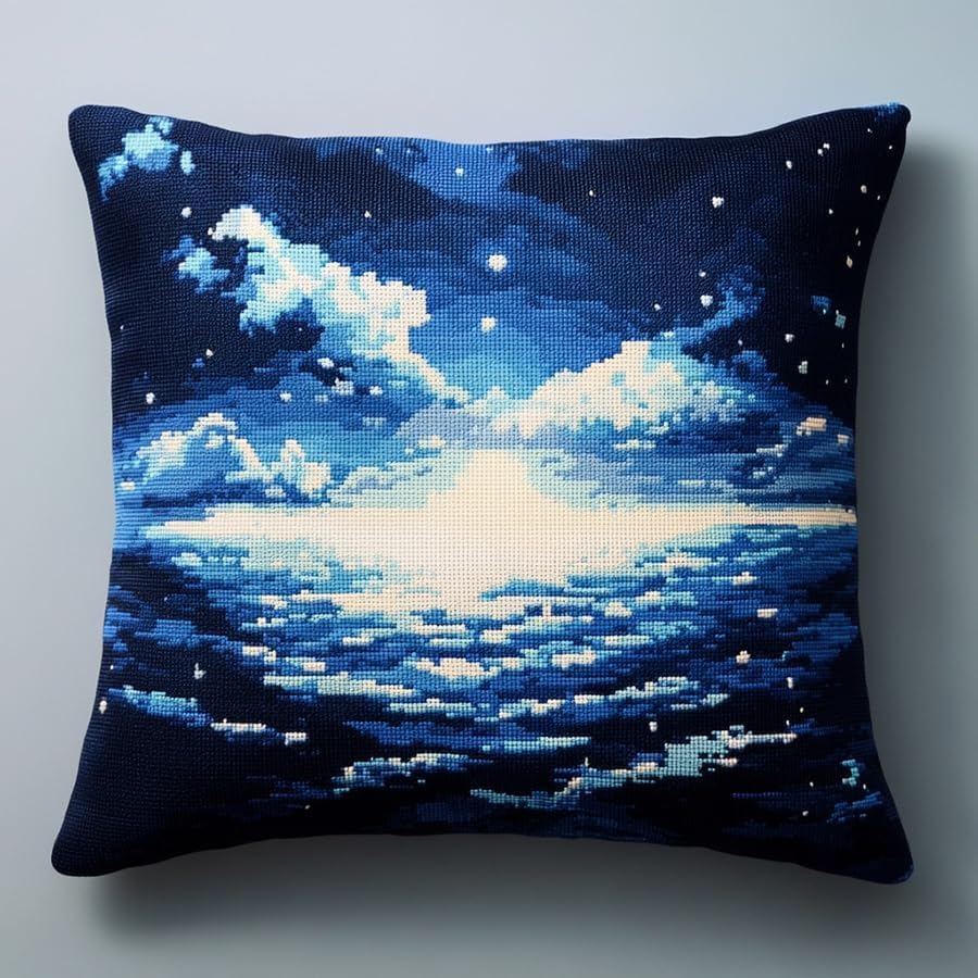 ANSIWEIGO Landscape Cross Stitch Cushion Kit,The Sea Under The Stars,Embroidery Needlework Sets Cushion Back Included, Pre Printed Canvas,Yarn and Needle,18x18 inches
