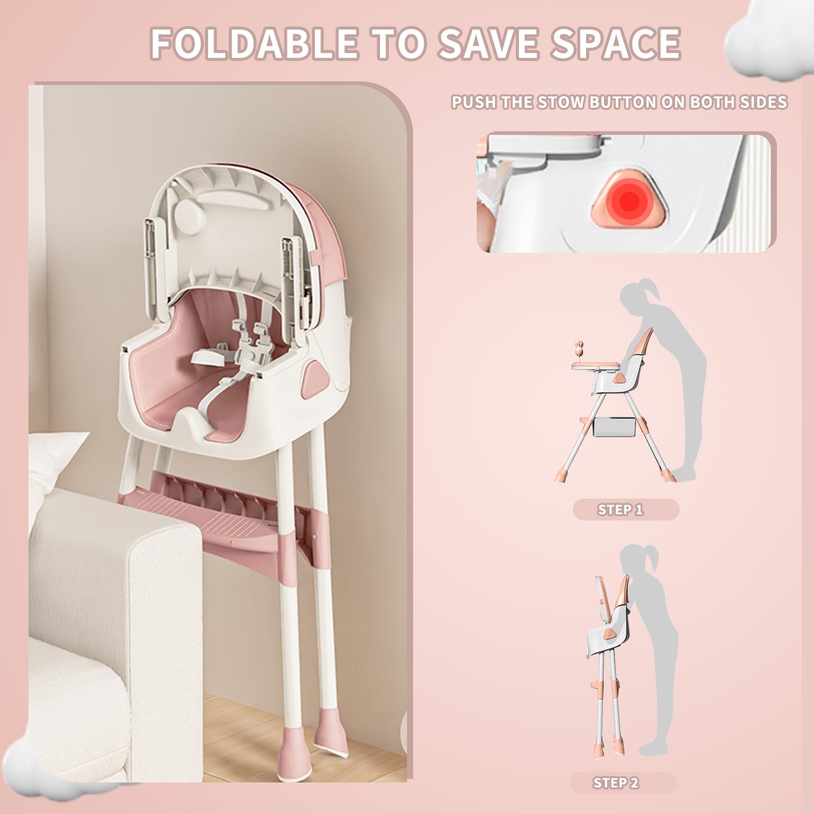 UBRAVOO Trona Bebé 3 en 1, Silla de Comedor Portátil Convertible con Arnés de 5 Puntos, Doble Bandeja para Comida y Estantes para Juguetes (rosa-03)