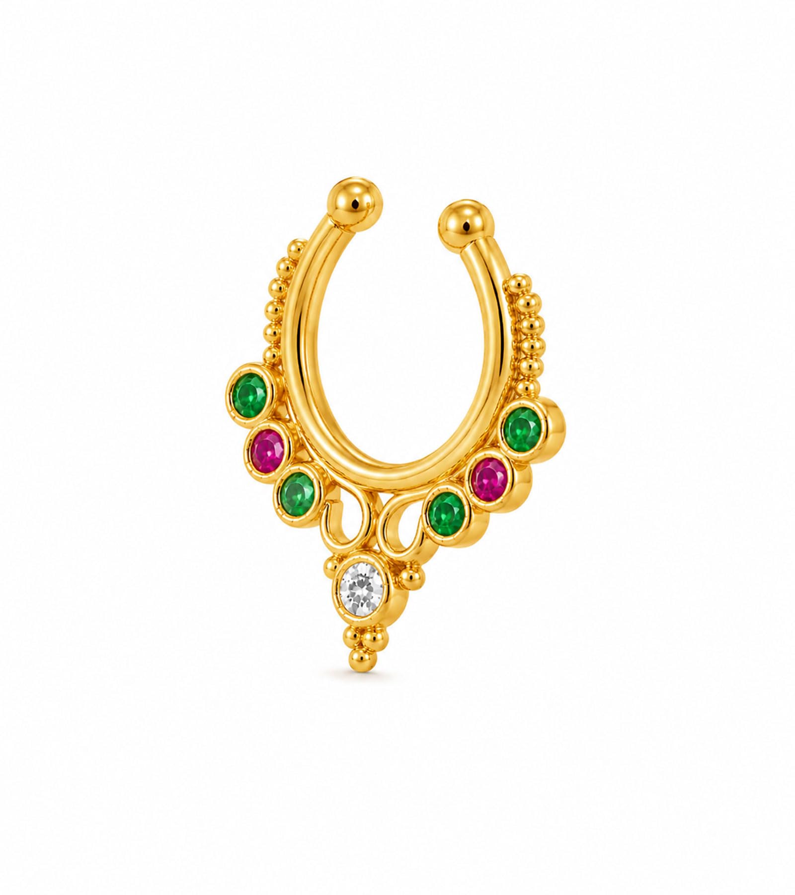 vama FASHIONS 18K Gold Plated Anti Tarnish Studded Multicolor Stone Septum Middle Horseshoe Shape Without Piercing Nose Ring Fake Hoop Clip On Nosepin Press Type Nosering for Women-picture-44