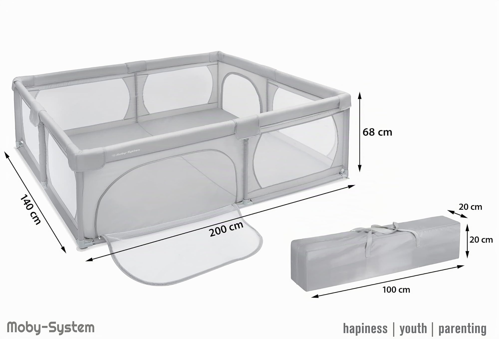 Moby-System Laufstall Baby Faltbar & Laufgitter, Aktivitätszentrum mit Rutschfester Basis - Wasserdichtes 210D PVC, Transporttasche, 200x140cm - Spielbereich für Kinder