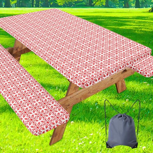 Image of misaya Picnic Table Cover with Bench Cover, Waterproof Elastic Fitted Tablecloth for 8 Foot Tables, Rectangle Washable Polyester Tablecloths for Picnic, Camping, Outdoor (Red, 30 inch x 96 inch)