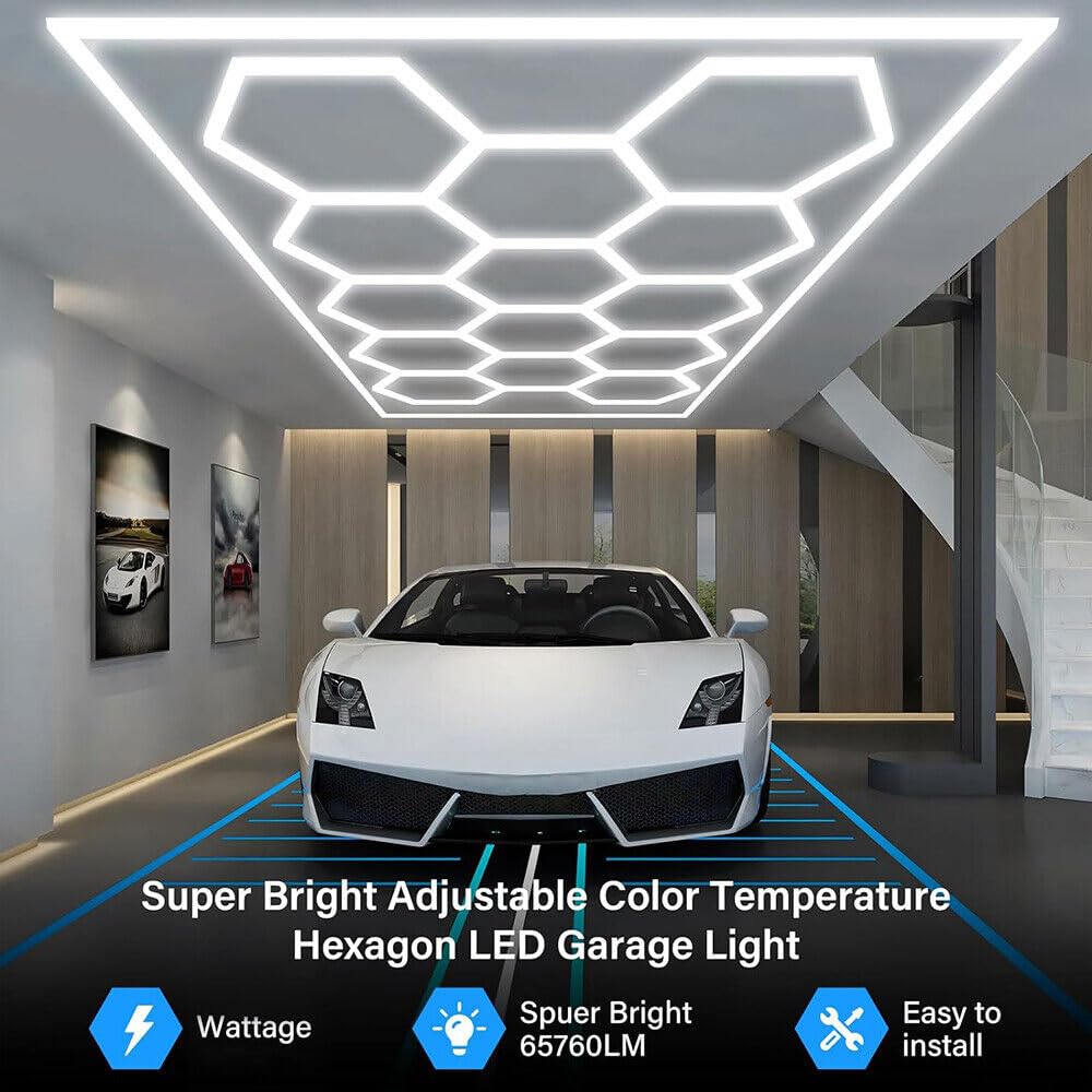 14 luces LED hexagonales, 65 W, 6500 K, superbrillantes, color blanco puro, iluminación de taller para sótano, almacén, salón de belleza de automóviles, tienda de detalles de automóviles, hogar
