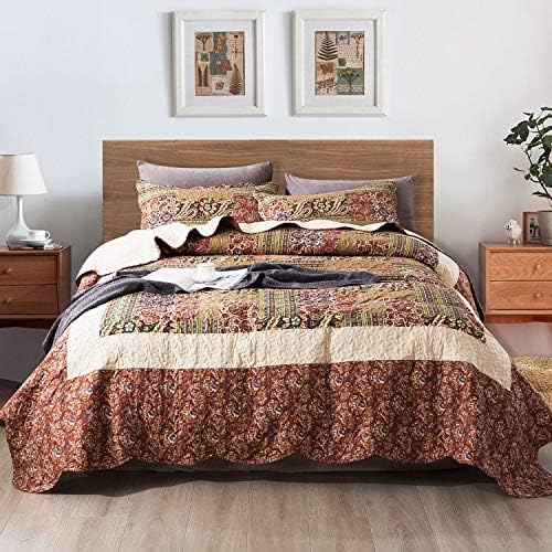 NEWLAKE Cotton Bedspread Quilt Sets-Reversible Patchwork Coverlet Set, Paisley Garden Pattern,Twin Size